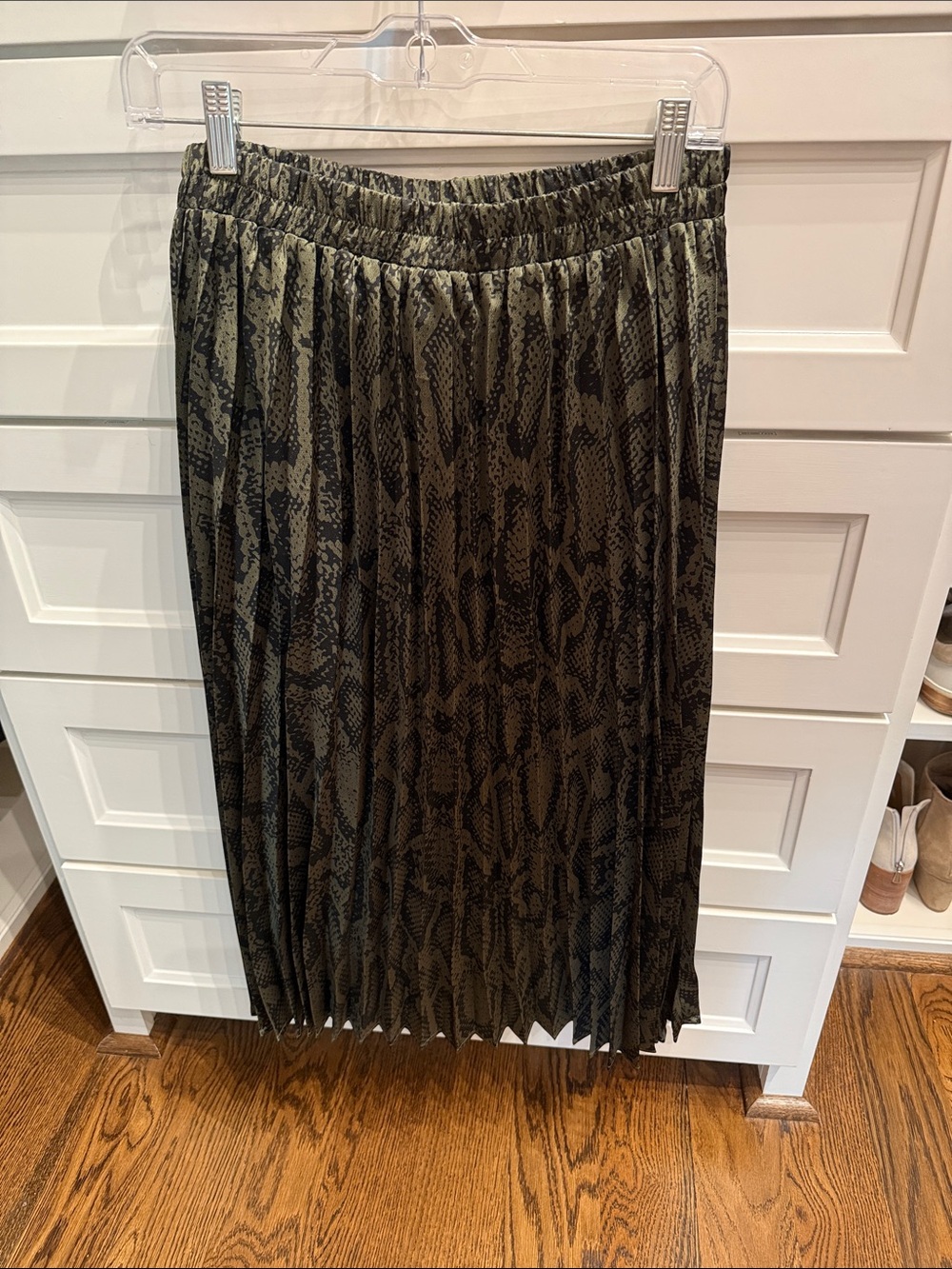Molly Bracken Olive Green and Black Snake-Print Pleated Midi Skirt